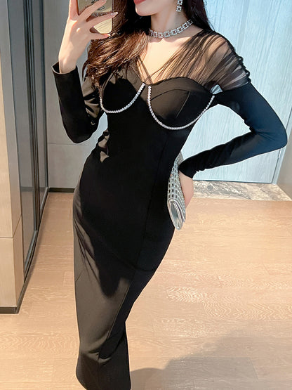 Knitted Cotton Design Sense Diamond Grenadine Slim Fit Patchwork Hip-hugger And Black Long Sleeve Dress