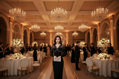 Black long-sleeve slim-fit knit dress with diamond patchwork and curved neckline trim