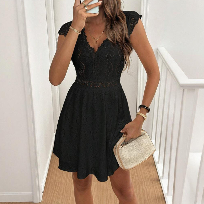 Women's V-Neck Solid Color Short Sleeve With Lace Trim - Summer Sexy Vacation Dress