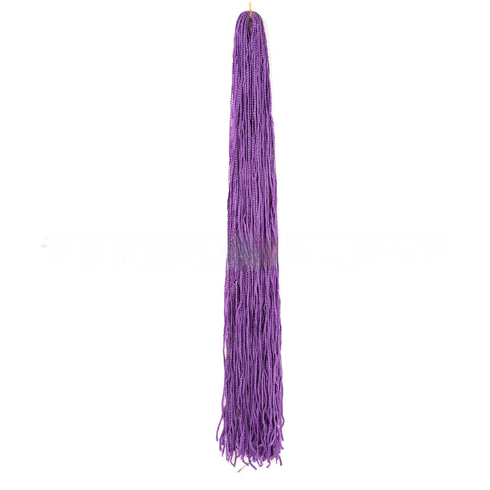 Purple braided crochet hair extensions bundle with long straight strands and fringed ends.