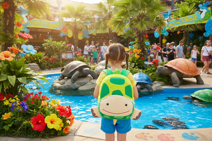 Turtle plush backpack with green shell design and friendly face