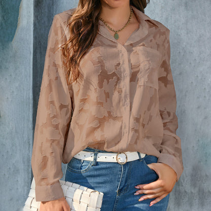 Women's Casual Sheer Button Down Shirts Long Sleeve V Neck Jacquard Blouses Tops
