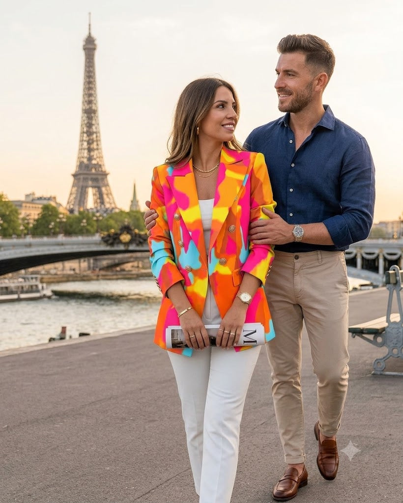 Colorful geometric double-breasted blazer with long sleeves and bold lapel design