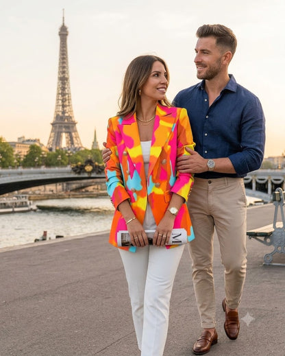 Colorful geometric double-breasted blazer with long sleeves and bold lapel design