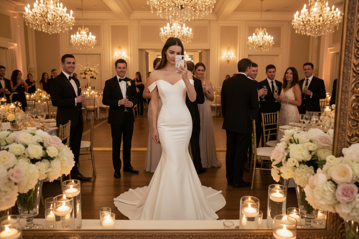 Ivory satin V-neck mermaid wedding dress with fitted waist and flared fishtail