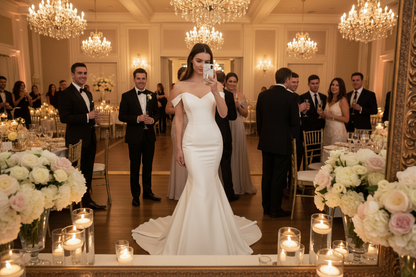 Ivory satin V-neck mermaid wedding dress with fitted waist and flared fishtail