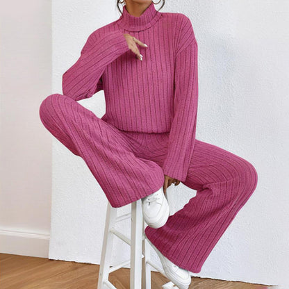 Women's Solid Color 2-Piece Set High Neck Long Sleeve Top & Pants, Striped Loungewear