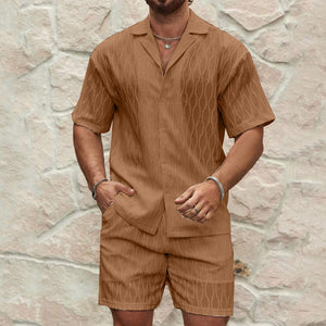 Men’s short-sleeve button-up shirt and shorts set, warm brown.