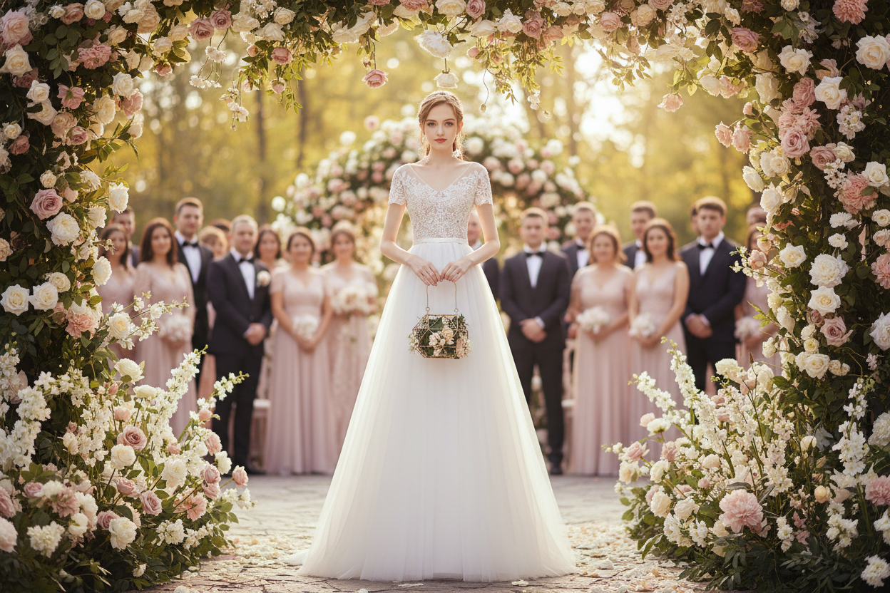 White bridal dress with lace scoop neckline, fitted bodice, full skirt, long train