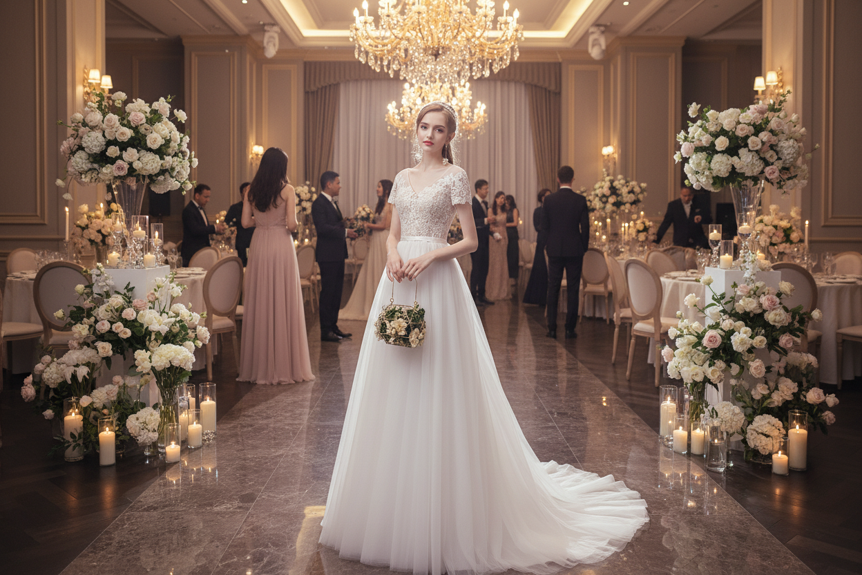 White lace bodice gauze dress with short sleeves and flowing long hem tail