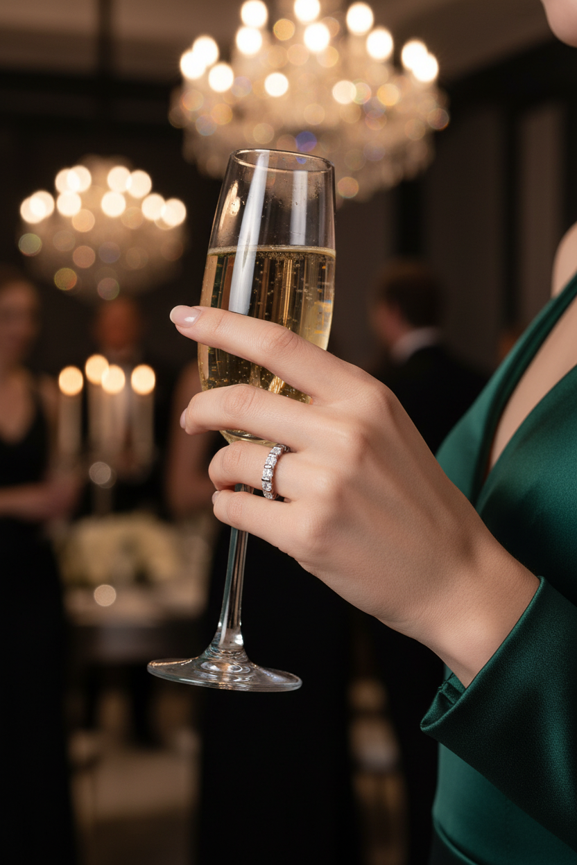 Silver ring with round stones on a slim band, close-up touching a champagne flute