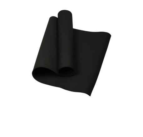 Black fitness yoga mat, rolled with textured surface and visible open end