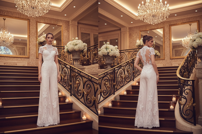 White lace bridal short-sleeve wide-leg jumpsuit, front and back angles