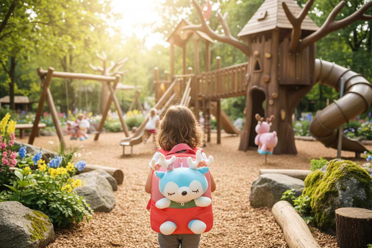 Children's plush cartoon elk backpack in blue and red, smiling face front.