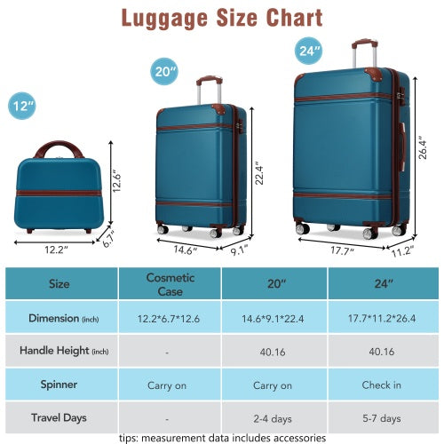 Hard shell Luggage Sets 3 Pieces 20x24 And Cosmetic Case Spinner Suitcase With TSA Lock Lightweight