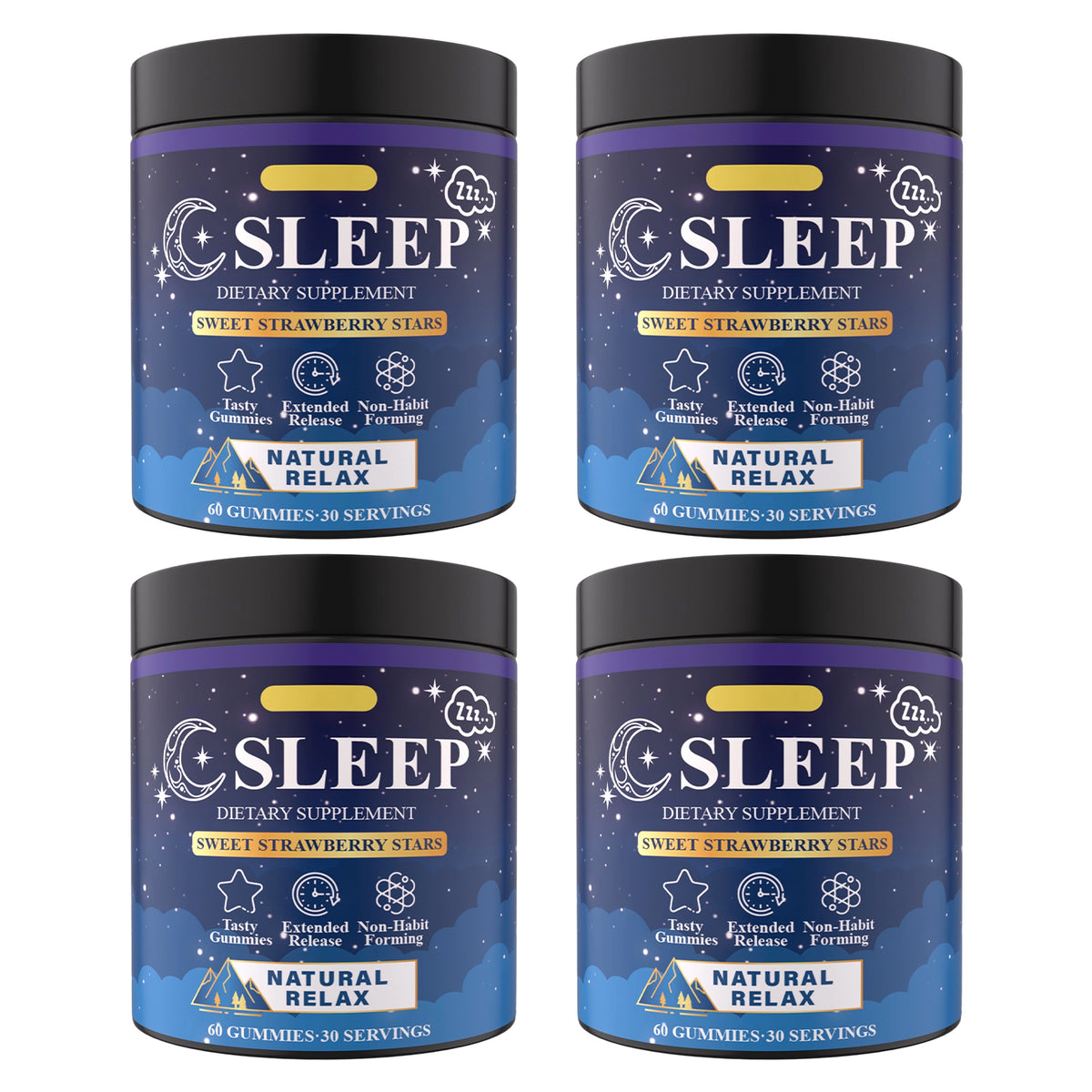 Sleep gummies supplement jars, 4-pack, dark lids and blue starry labels