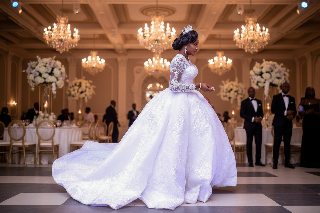 White lace wedding dress with long sleeves and round neck, voluminous skirt and train
