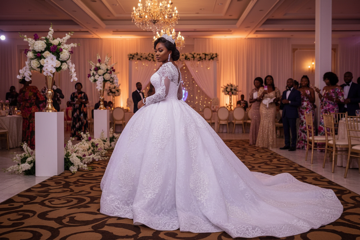 White lace wedding dress with long sleeves, round neck, patterned bodice, flowing train