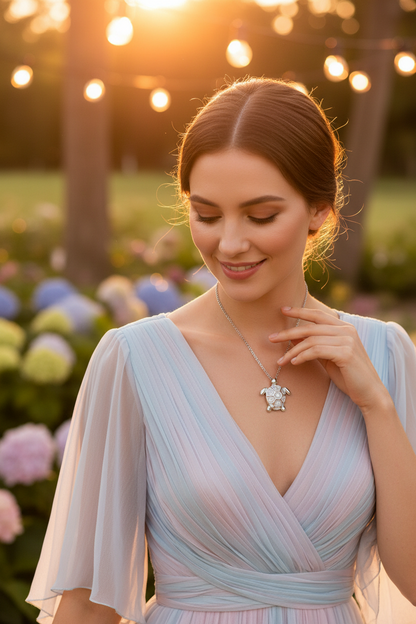 Small turtle pendant necklace with blue enamel charm on collarbone