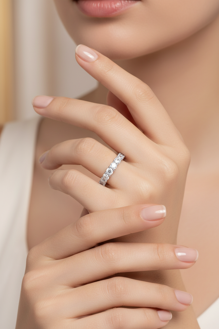 Silver ring with clear stone band, close-up on hands and nails
