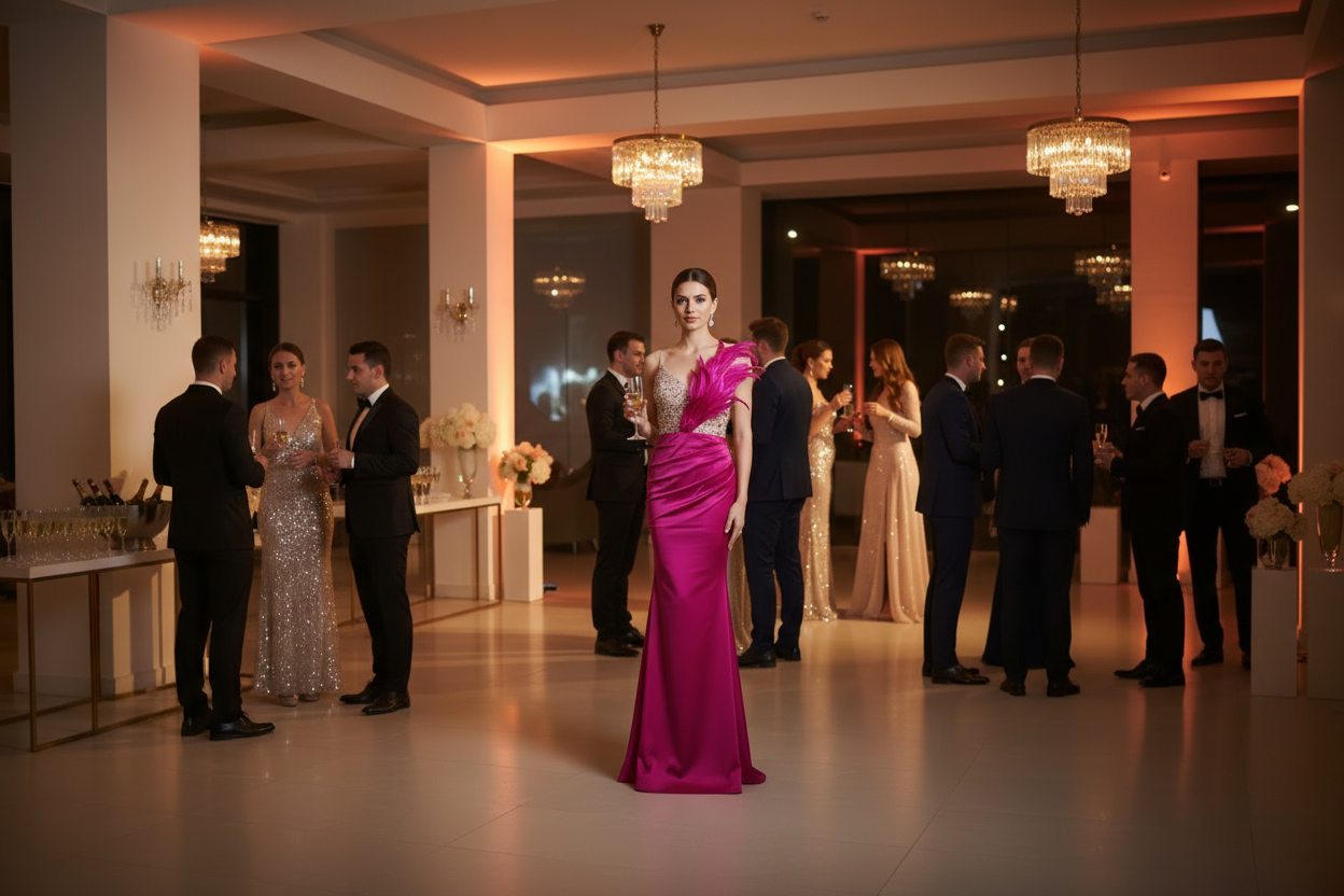 Fuchsia fitted bandage one-piece dress with feather shoulder accents and high waist detail