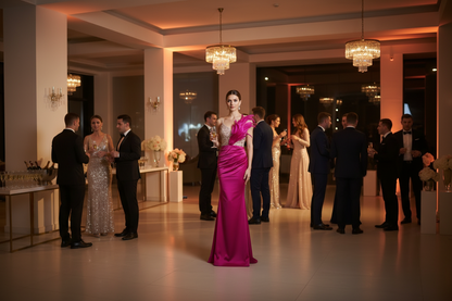 Fuchsia fitted bandage one-piece dress with feather shoulder accents and high waist detail