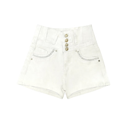 White High Waist Button Shorts Slim Fit Stretch Denim Bling Pocket Hot Girl Summer Look Club Chic Curve Flattering Pants For Women