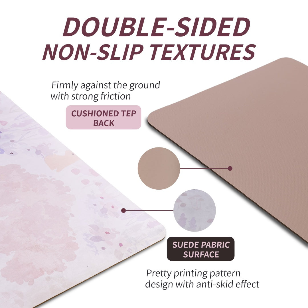 Double-sided non-slip yoga mat with pink floral front and tan suede-texture back
