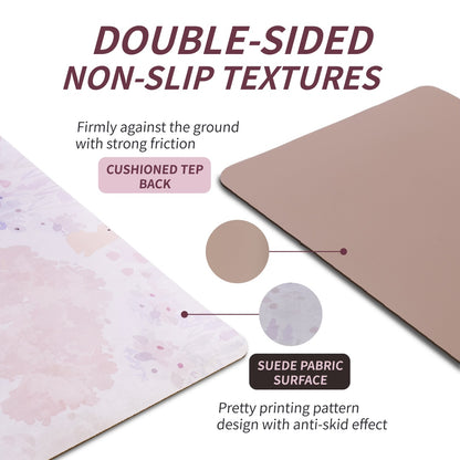 Double-sided non-slip yoga mat with pink floral front and tan suede-texture back