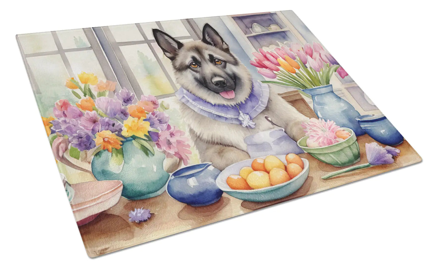 Decorating Easter Norwegian Elkhound Glass Cutting Board