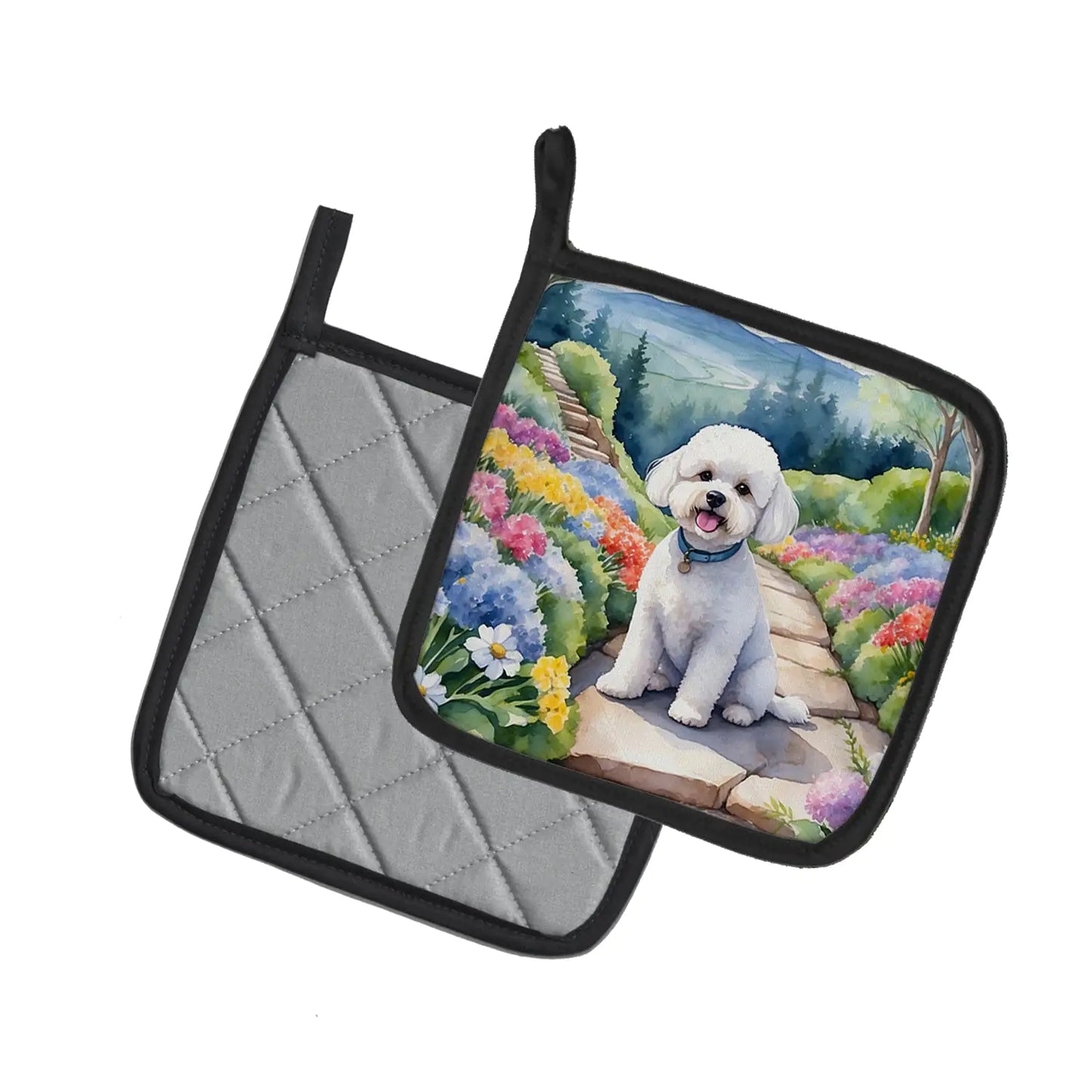 Bichon Frise Spring Path Pair of Pot Holders