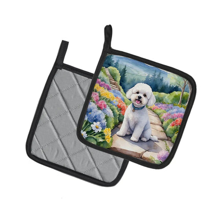 Bichon Frise Spring Path Pair of Pot Holders