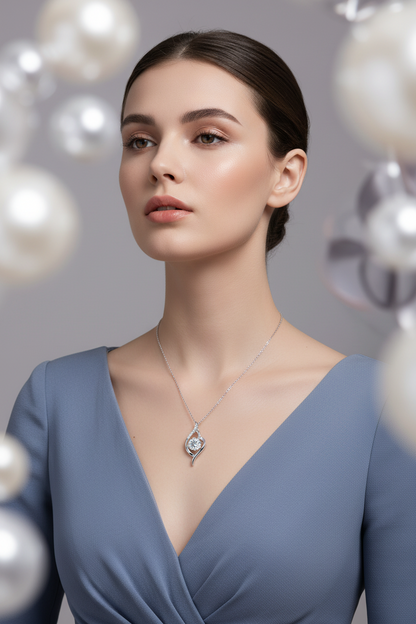 Silver pendant necklace with teardrop charm and clear center stone on chest