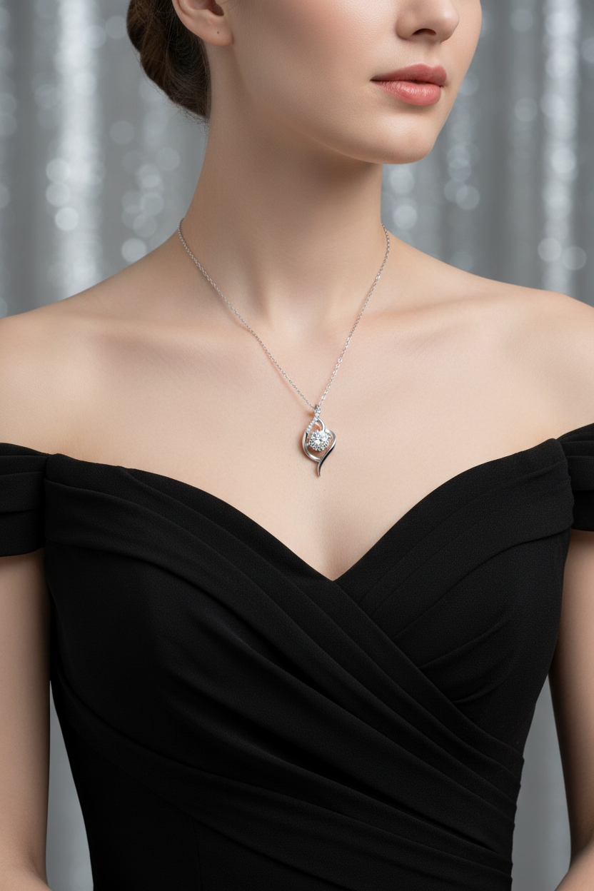 Silver pendant necklace with teardrop charm and clear center stone