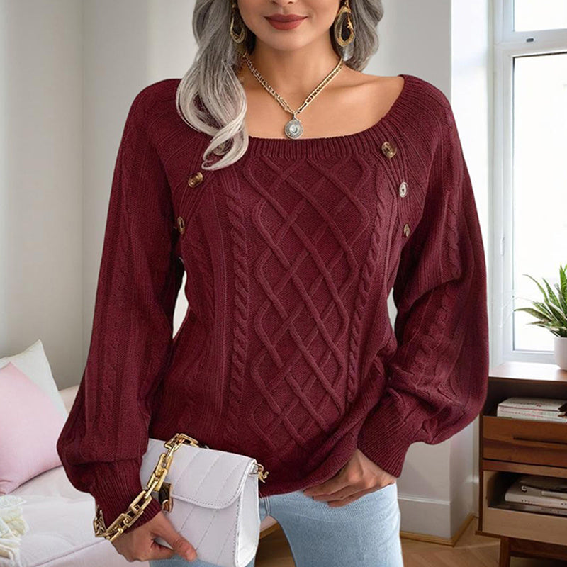 Women's Solid Color Casual Square Neck Button-Detail Knit Top - Textured Ribbed Pattern
