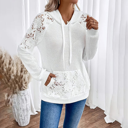 Women's Solid Color Casual Sweatshirt With Lace-Trimmed Sheer Sleeves & Large Lace Pockets, Pullover Hoodie