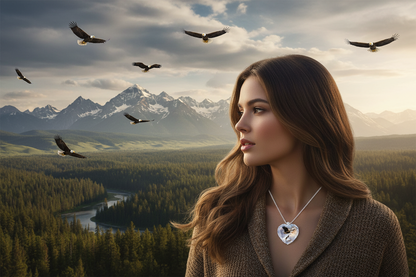 Crystal heart bird pendant necklace with small dark bird figure, silver-tone chain