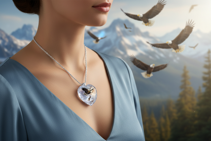Crystal heart pendant necklace with dark bird in heart, silver-tone chain