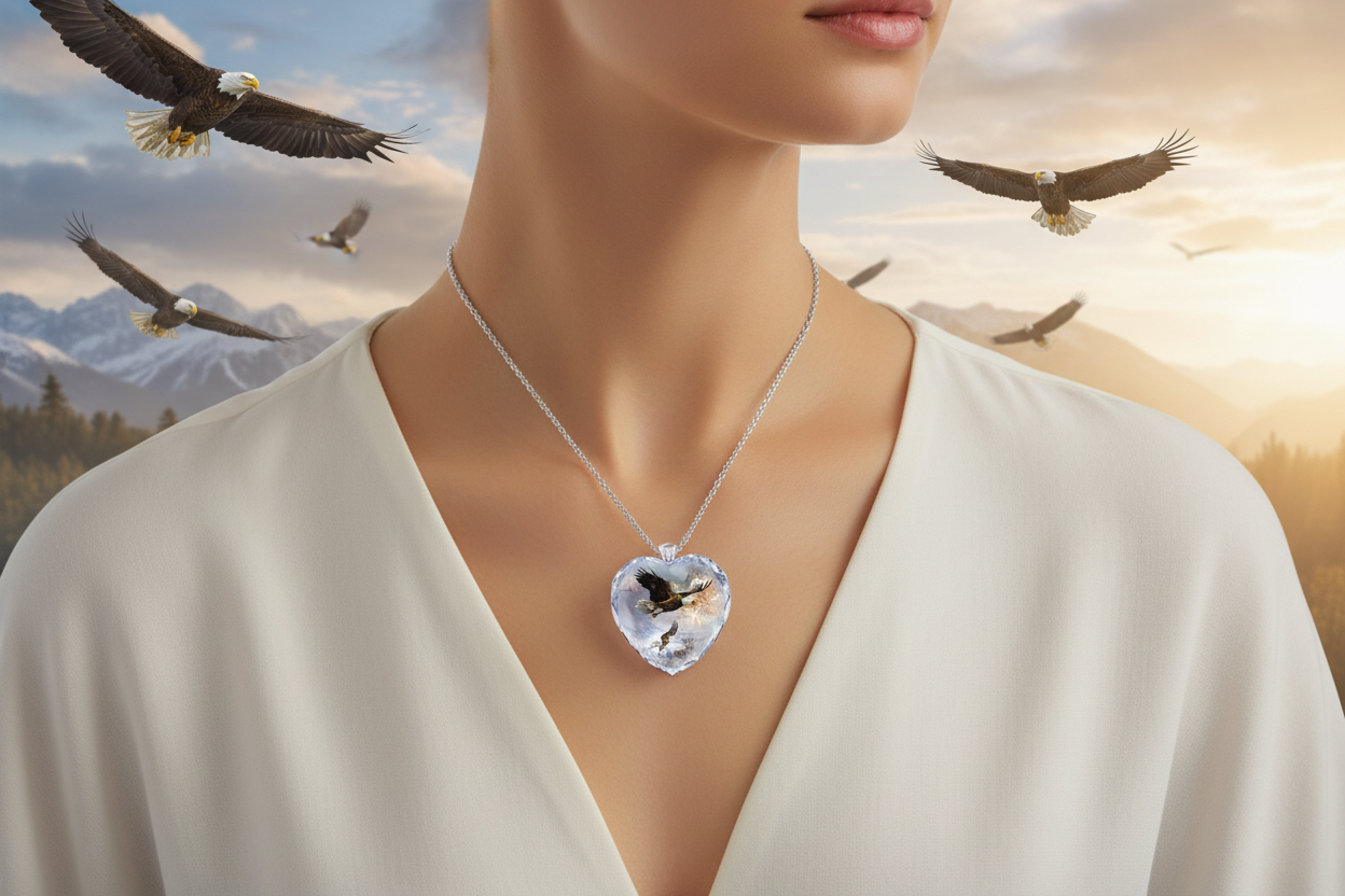 Crystal heart bird pendant necklace with dark bird detail, silver-tone chain
