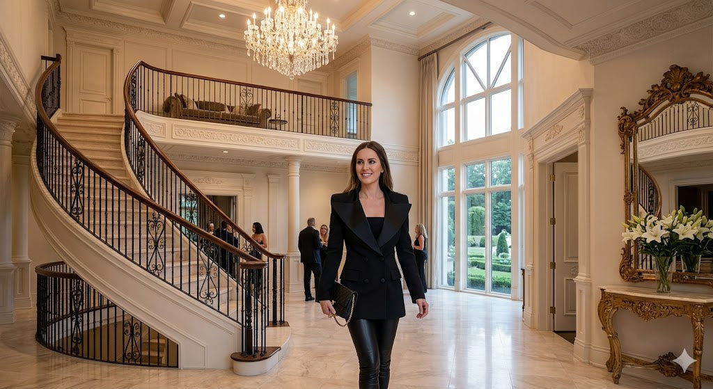 Women’s black lapel button blazer with long sleeves, open-front style