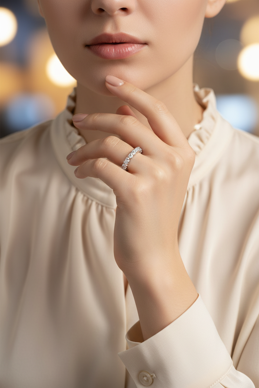 Silver moissanite diamond tennis ring, continuous row of small round stones