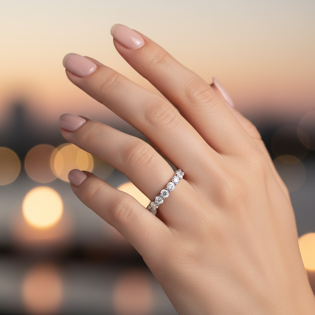 Silver moissanite diamond tennis ring with a double-row look of round stones