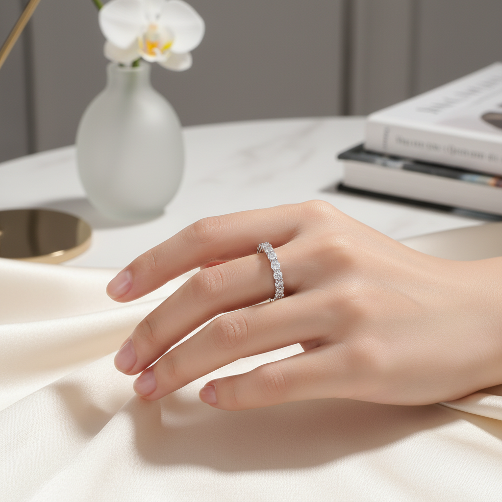 Silver moissanite diamond tennis ring on finger, close-up of the stone row