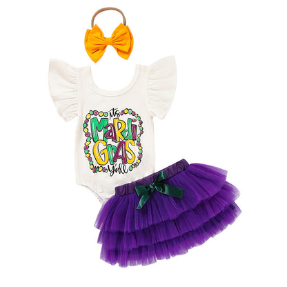Baby Girls' Mardi Gras Outfit Set Ruffle Sleeve Letter Print Bodysuit, Mesh Tutu Skirt & Hairband