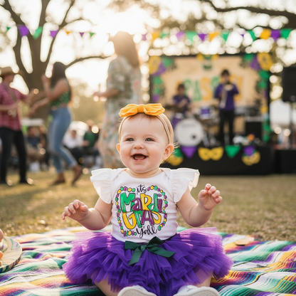 Baby Girls' Mardi Gras Outfit Set Ruffle Sleeve Letter Print Bodysuit, Mesh Tutu Skirt & Hairband