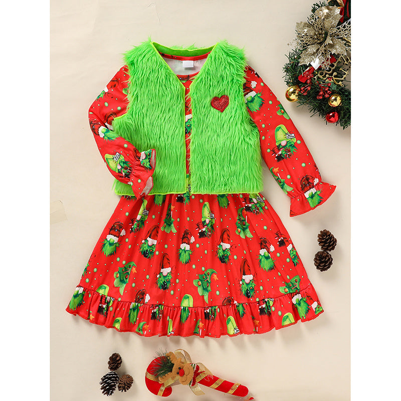 Toddler Kids Baby Girl Christmas Outfits, Long Sleeves Cartoon Prints Party Dress With Heart Print Vest Coat Set