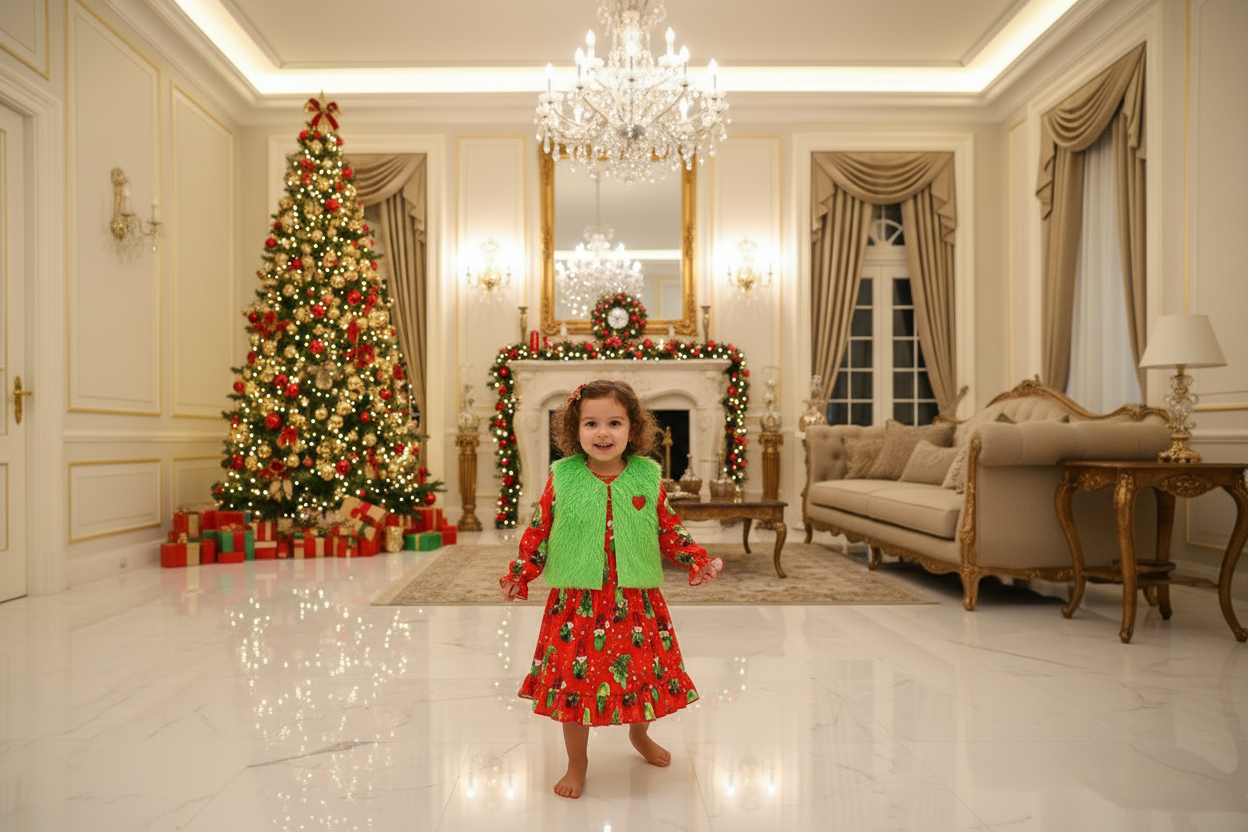 Kids Christmas dress set with green fuzzy heart vest over red cartoon-print dress