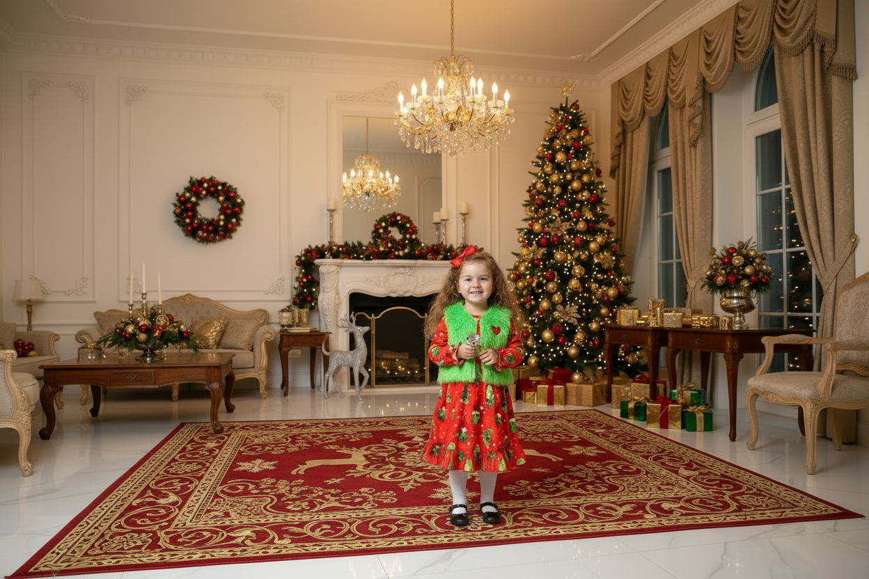 Kids Christmas dress set with green fuzzy vest over red cartoon-print long-sleeve dress