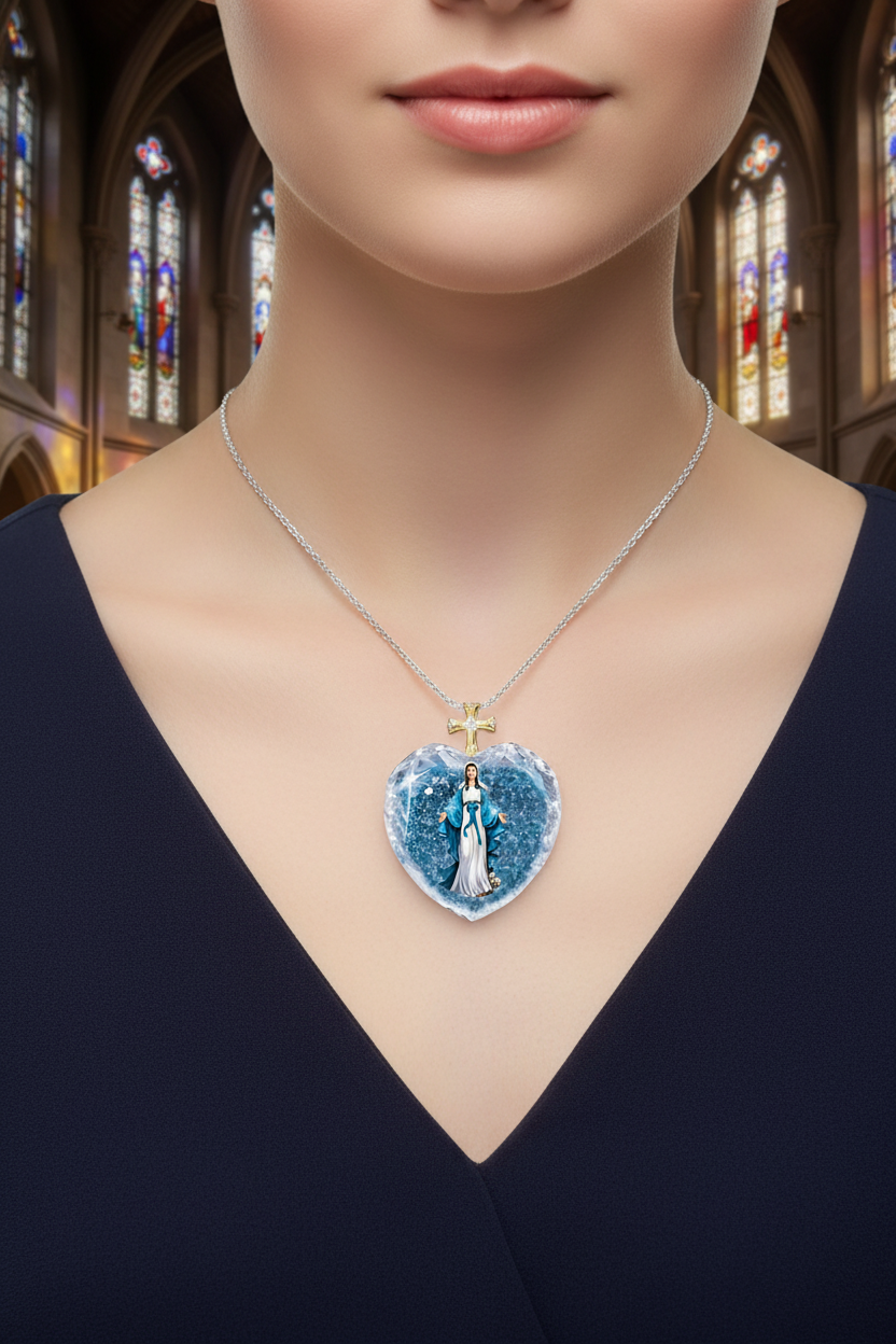 Blue crystal heart pendant necklace with gold cross charm on silver chain, worn at collarbone.