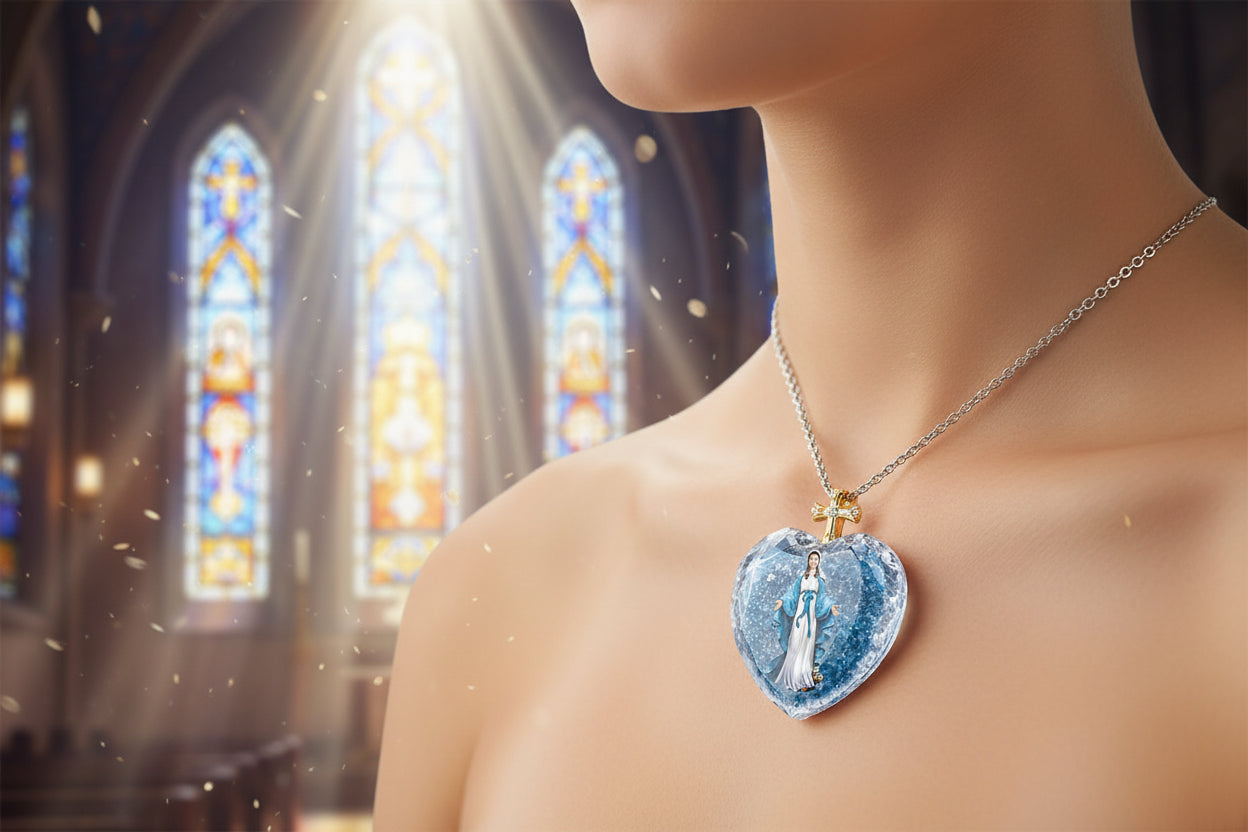 Blue crystal heart pendant with gold cross charm on silver chain, with blue-robed figure.